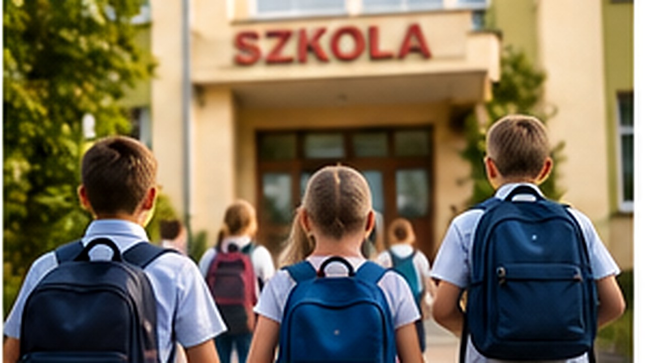 Uczniowie idący do szkoły z plecakami