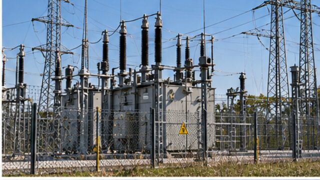 Stacja elektroenergetyczna z transformatorami i liniami wysokiego napięcia