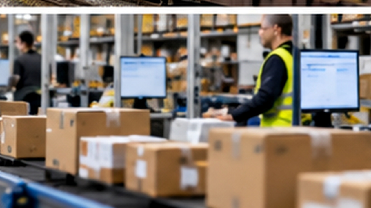 Duży magazyn e-commerce z taśmami transportującymi paczki