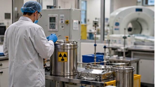 Laboratorium medycyny nuklearnej z aparaturą i pojemnikiem oznaczonym symbolem promieniowania