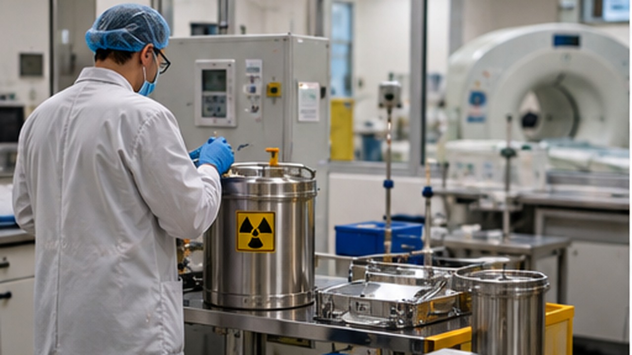 Laboratorium medycyny nuklearnej z aparaturą i pojemnikiem oznaczonym symbolem promieniowania