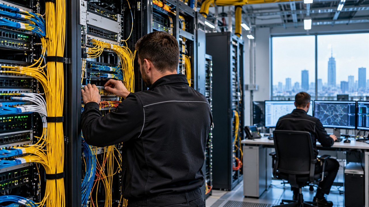 Technicy w centrum danych obsługujący serwery i infrastrukturę obliczeniową