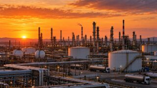 Duży zakład energetyczny i przemysłowy o zachodzie słońca