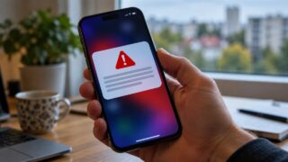 Dłoń trzymająca smartfon z symbolem ostrzeżenia