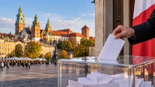 Urna wyborcza i karta do głosowania na tle panoramy Krakowa