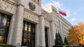 Reprezentacyjny kamienny budynek z polską flagą i godłem