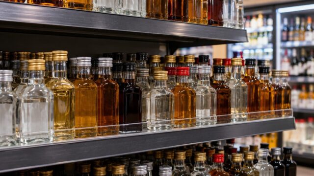 Małe butelki alkoholu ustawione na półkach sklepu