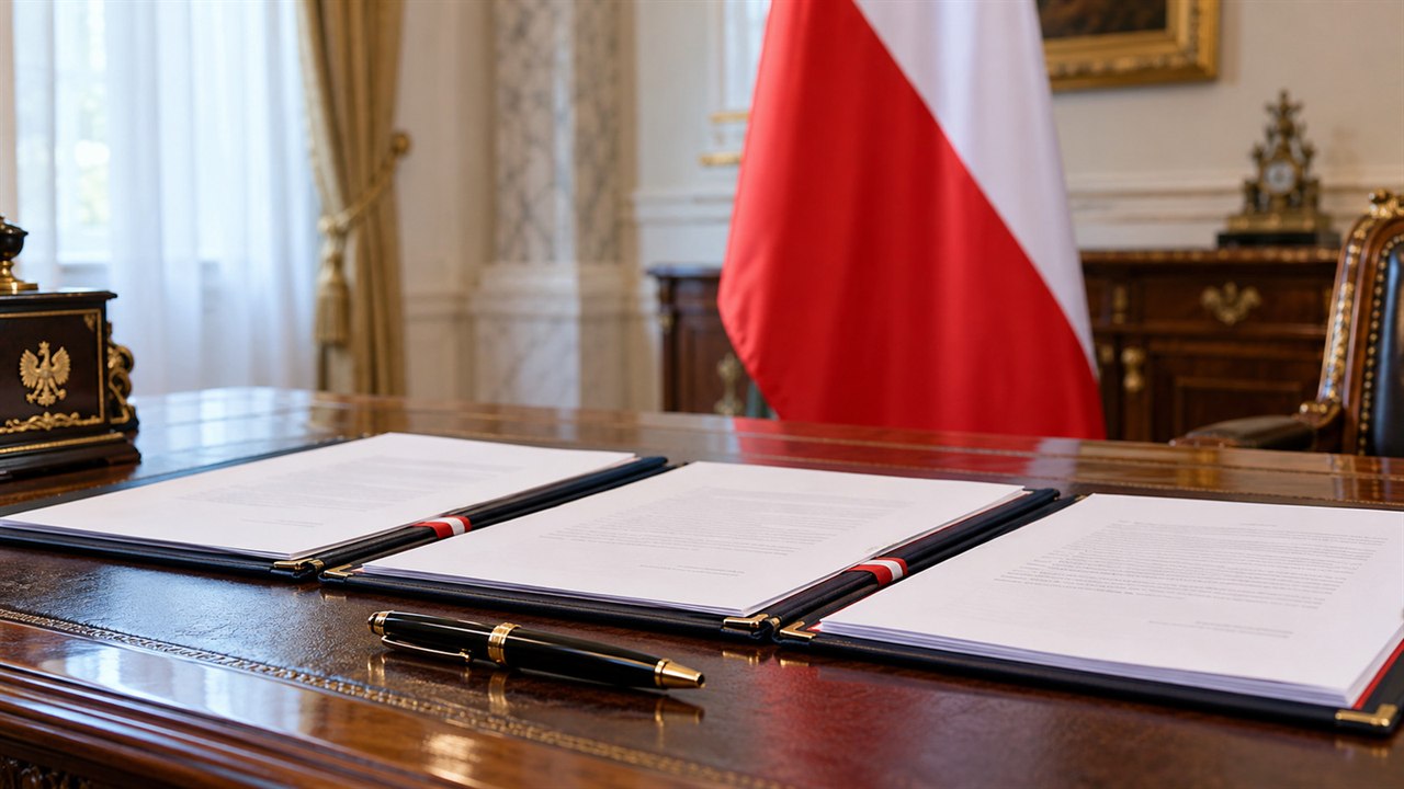 Dokumenty i polska flaga w urzędowym gabinecie. Ilustracja komputerowa, nie zdjęcie podpisania dokumentów