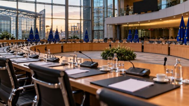 Pusta sala negocjacyjna, stoły, mikrofony i flagi Unii Europejskiej