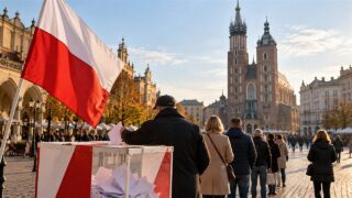 Symboliczne głosowanie w scenerii Rynku Głównego w Krakowie z polską flagą