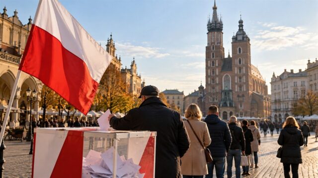 Symboliczne głosowanie w scenerii Rynku Głównego w Krakowie z polską flagą