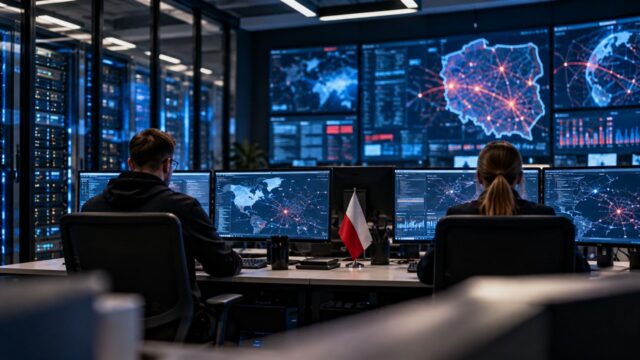 Operatorzy cyberbezpieczeństwa kontrolują sieci komputerowe w nowoczesnej serwerowni