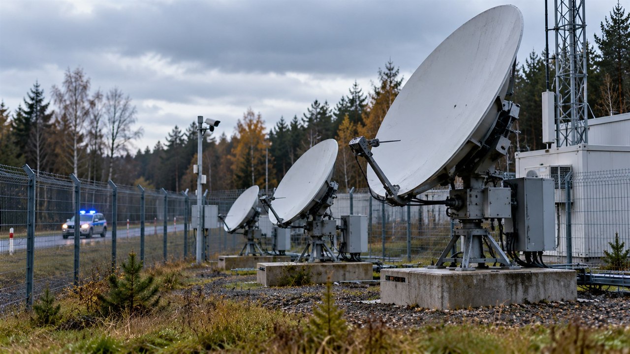 Zabezpieczona stacja radiowo-satelitarna z antenami i samochodem służb w tle