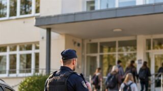 Uczniowie wchodzą do budynku szkoły podczas jesiennego dnia