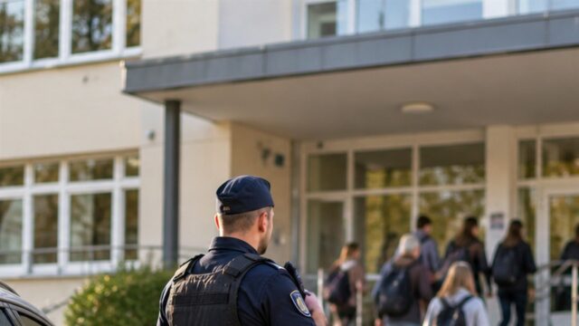 Uczniowie wchodzą do budynku szkoły podczas jesiennego dnia