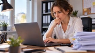 Pracowniczka przy laptopie sprawdza podejrzaną wiadomość e-mail, bez czytelnych napisów