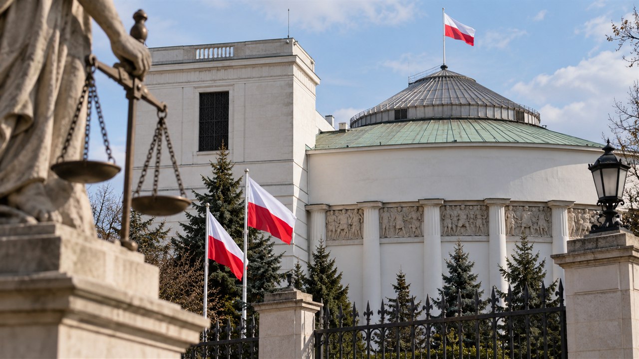 Gmach Sejmu RP i symboliczne wagi sprawiedliwości w Warszawie