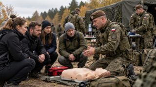 Żołnierz Wojska Polskiego prowadzi szkolenie z pierwszej pomocy dla cywilów