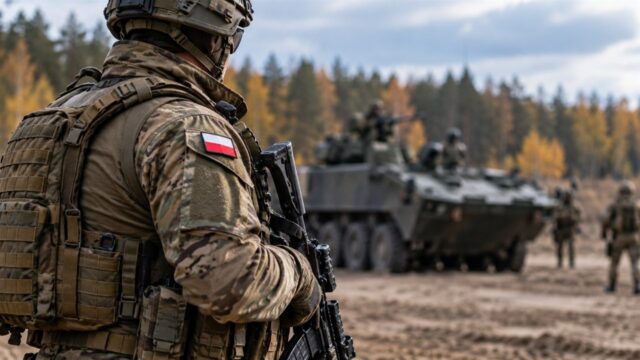 Żołnierz Wojska Polskiego w nowoczesnym umundurowaniu taktycznym na poligonie