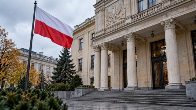 Kolumnowy gmach instytucji publicznej w Polsce oraz biało-czerwona flaga
