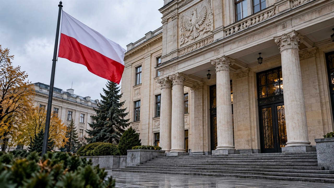 Kolumnowy gmach instytucji publicznej w Polsce oraz biało-czerwona flaga