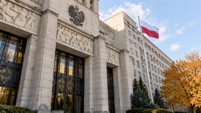 Polska flaga i budynek instytucji państwowej – ilustracja proceduralnej decyzji klubu. Ilustracja komputerowa budynku instytucjonalnego, nie przedstawia Kołodziejczaka ani decyzji klubu KO; oficjalnej podobizny nie pozyskano
