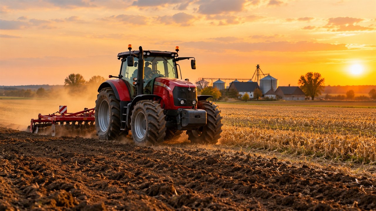 Czerwony traktor podczas pracy na jesiennym polu
