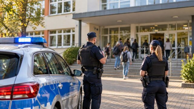 Patrol policji przy szkole jako ilustracja bezpieczeństwa placówek oświatowych