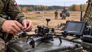Mały wojskowy dron quadcopter na polowym stanowisku operatora