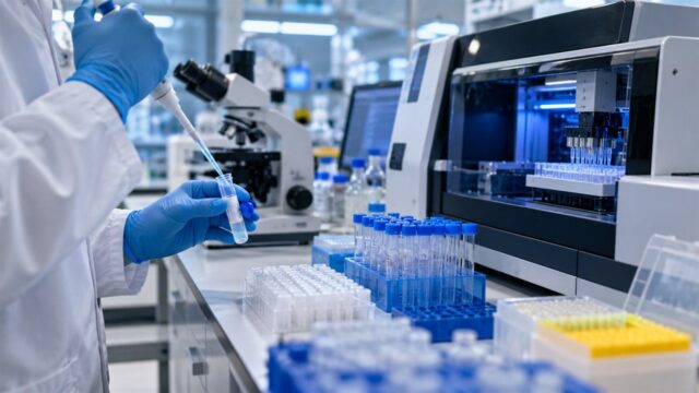 Ręce technika laboratoryjnego pracującego pipetą i probówkami