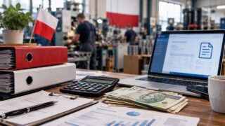 Dokumenty finansowe, kalkulator i polskie banknoty na tle polskiego zakładu przemysłowego