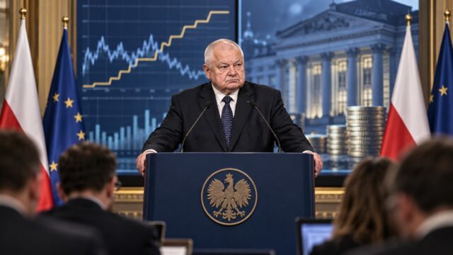 Prezes banku centralnego przemawia przy mównicy, w tle wykres i symbole gospodarki