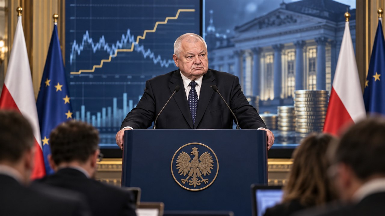 Prezes banku centralnego przemawia przy mównicy, w tle wykres i symbole gospodarki