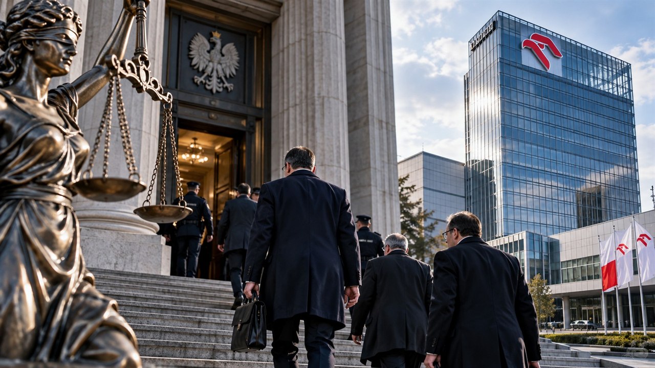Ludzie przed kamiennym gmachem instytucji z wagą sprawiedliwości