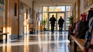 Korytarz szkolny, tornistry i dalekie sylwetki funkcjonariuszy. Ilustracja komputerowa, nie fotografia kontroli z 10 października