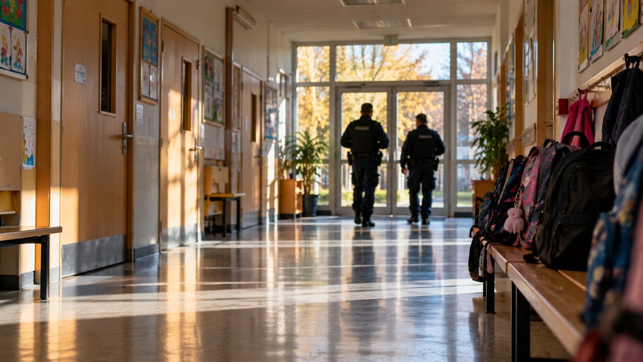 Korytarz szkolny, tornistry i dalekie sylwetki funkcjonariuszy. Ilustracja komputerowa, nie fotografia kontroli z 10 października