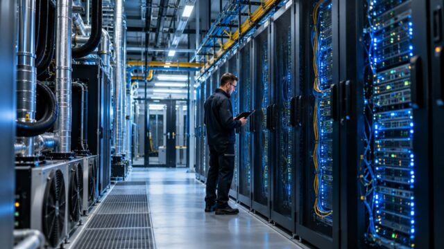 Serwerownia i rzędy szaf teleinformatycznych