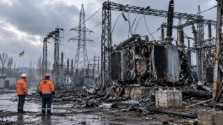 Uszkodzona stacja transformatorowa i ekipy energetyczne na Ukrainie, ilustracja komputerowa