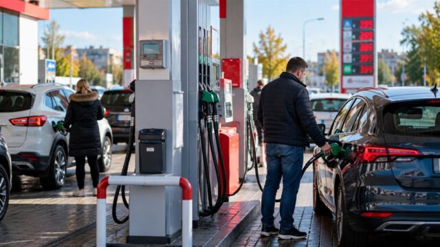 Kierowcy tankują samochody na nowoczesnej stacji paliw