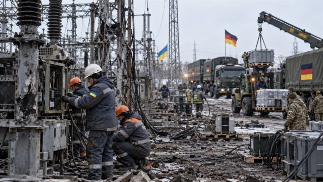 Technicy naprawiają uszkodzoną stację elektroenergetyczną, w tle niemiecki transport pomocy