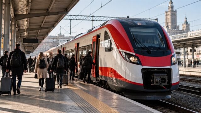 Nowoczesny pociąg dalekobieżny na dużym polskim dworcu i pasażerowie na peronie