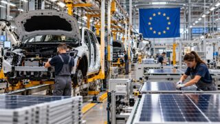 Linia montażowa samochodów w fabryce z flagą Unii Europejskiej