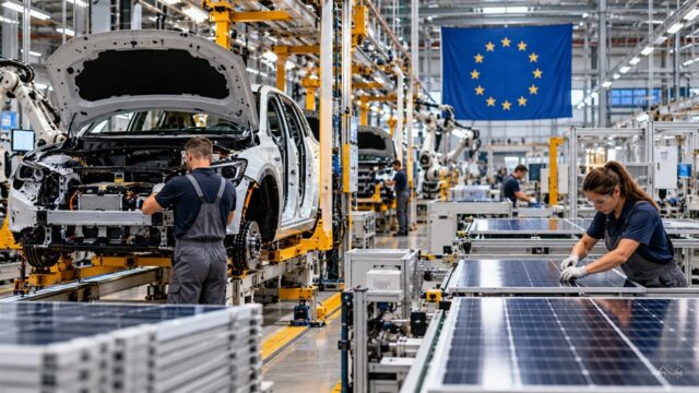 Linia montażowa samochodów w fabryce z flagą Unii Europejskiej