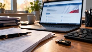 Biurko z komputerem, formularzami i kluczem uwierzytelniającym do usług internetowych