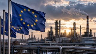 Flagi Unii Europejskiej na tle rozległej rafinerii i instalacji przemysłowych
