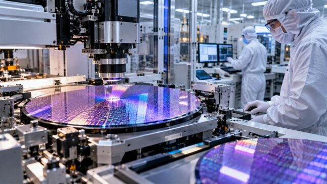 Produkcja krzemowych wafli półprzewodnikowych w hali czystej