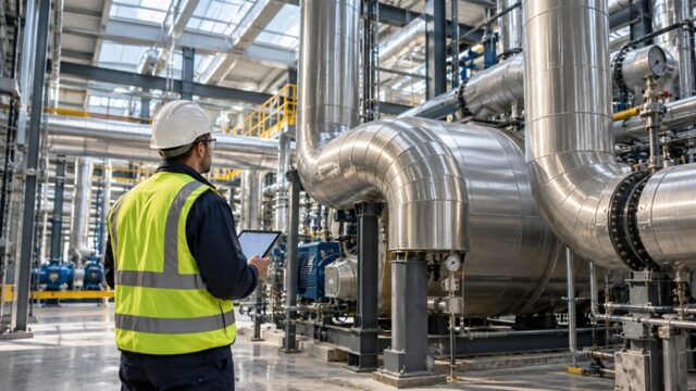 Budynki produkcyjne i zamknięta brama zakładu przemysłowego