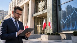 Analityk finansowy przed gmachem instytucji banku centralnego w Warszawie