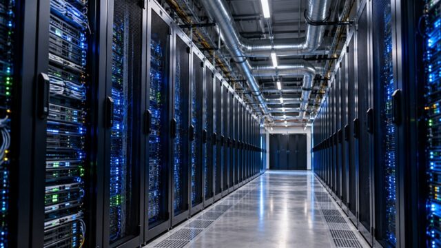 Rzędy szaf serwerowych z urządzeniami informatycznymi i chłodzeniem