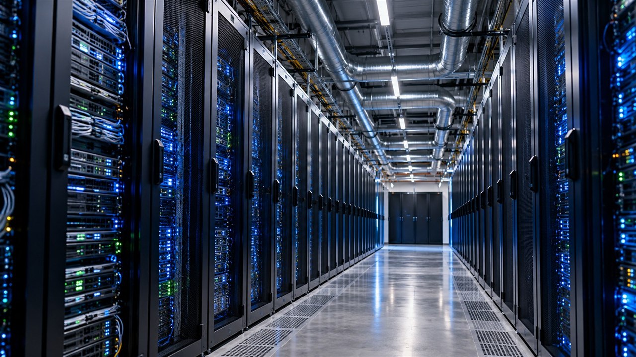 Rzędy szaf serwerowych z urządzeniami informatycznymi i chłodzeniem